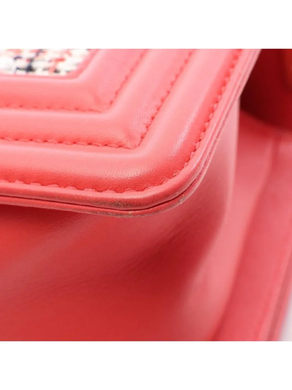 Chanel Shoulder Bag Boy Small Coral Pink White Fabric Leather Boy Stitch Pearl